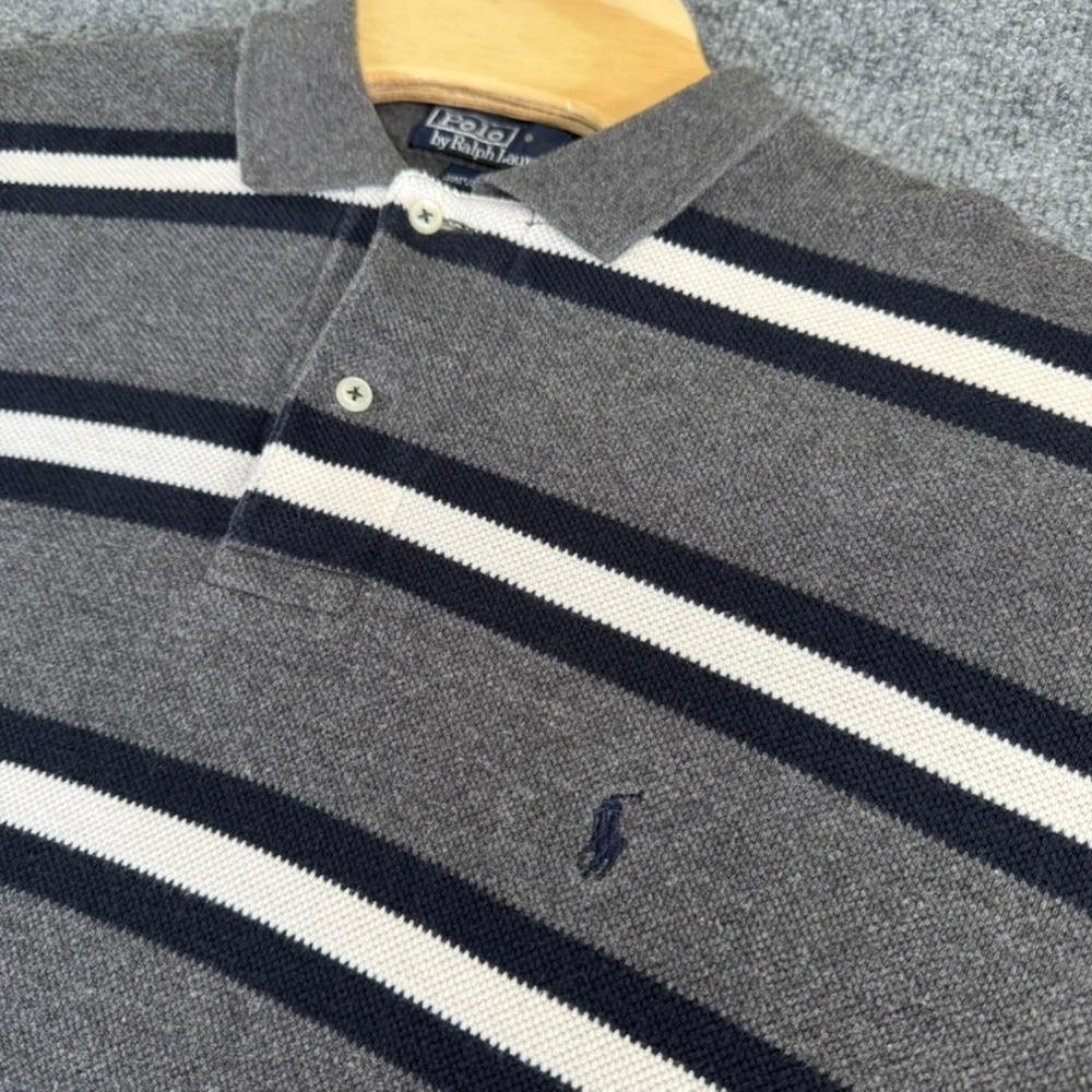 Polo Ralph Lauren Polo Shirt Mens L Striped Cotton Classic Fit Gray White Blue